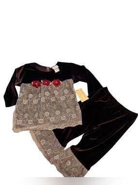 Haute Baby Brown Lace Velour Floral Set Size 24M NWT Matching Top & Pants